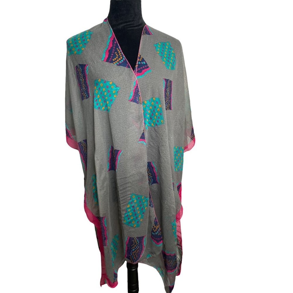 American Leisure Womens NWT Sheer Boho Graphic Panel Mod Print Kimono One Size